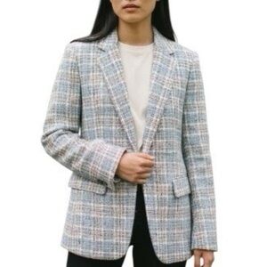 NEW COS cream blue plaid wool blend one button longline tailored causal blazer 6